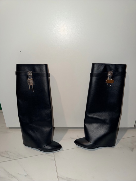 Givenchy Shoes - Givenchy Black Wedge Knee Boots with Padlock Accent